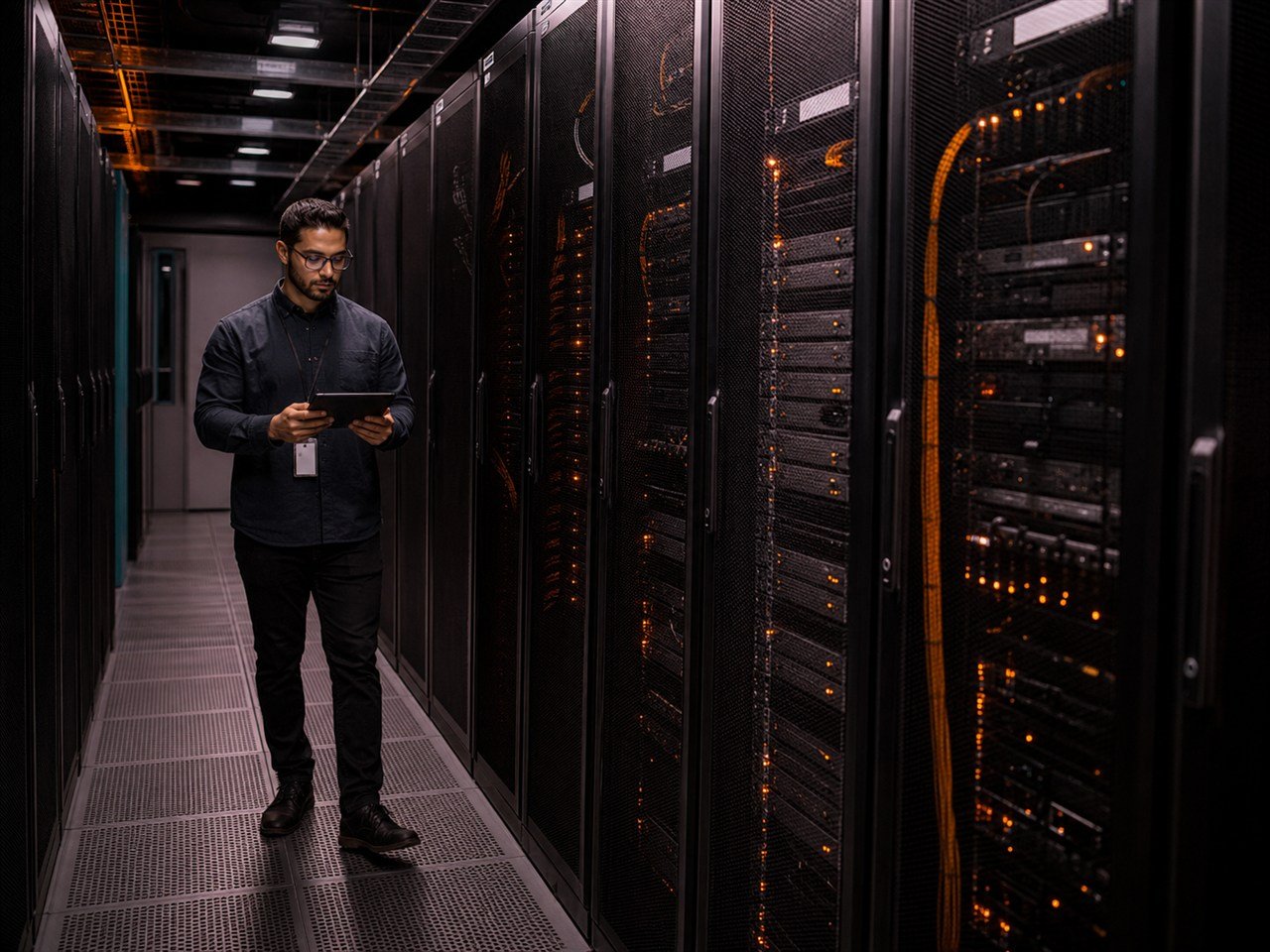 Ingeniero cloud supervisando un centro de datos